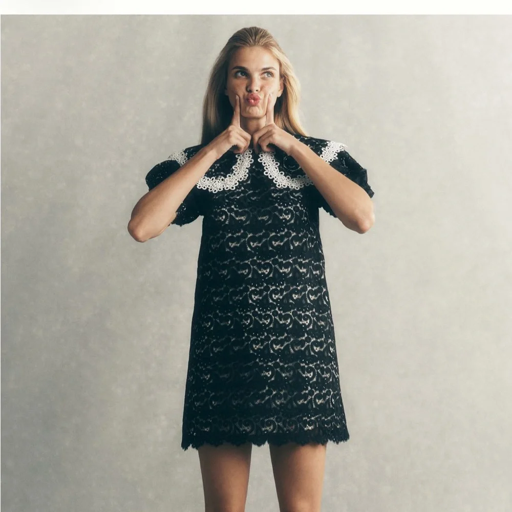 Black Lace Shift Dress with White Lace Collar